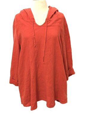 Flax Top Medium Linen Long Sleeve Hoodie Beachy Red Coastal Boho Smock